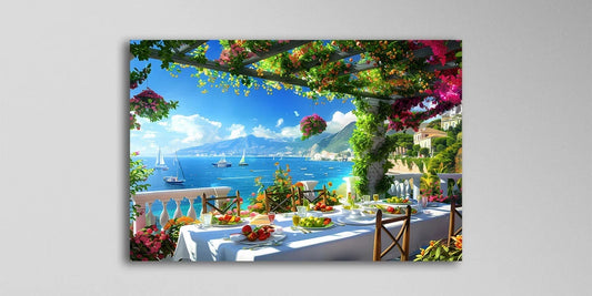 Quadro con terrazza sulla costiera italiana e vista mare appeso in soggiorno (visualizzazione)