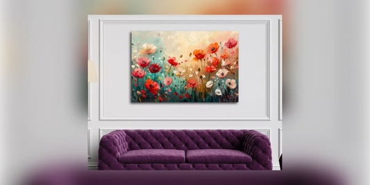 Quadro con prato fiorito e papaveri rossi sopra un divano in velluto viola (visualizzazione d'ambiente)