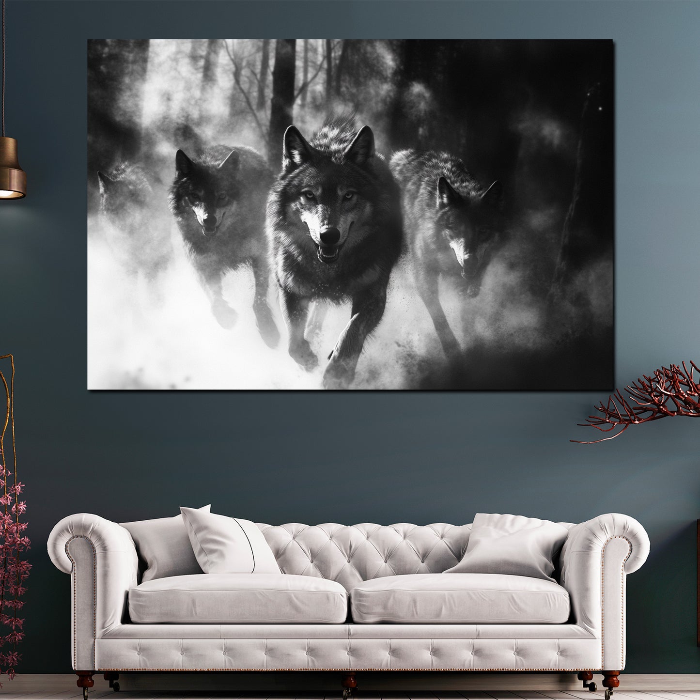 Branco di lupi nella foresta nebbiosa quadro