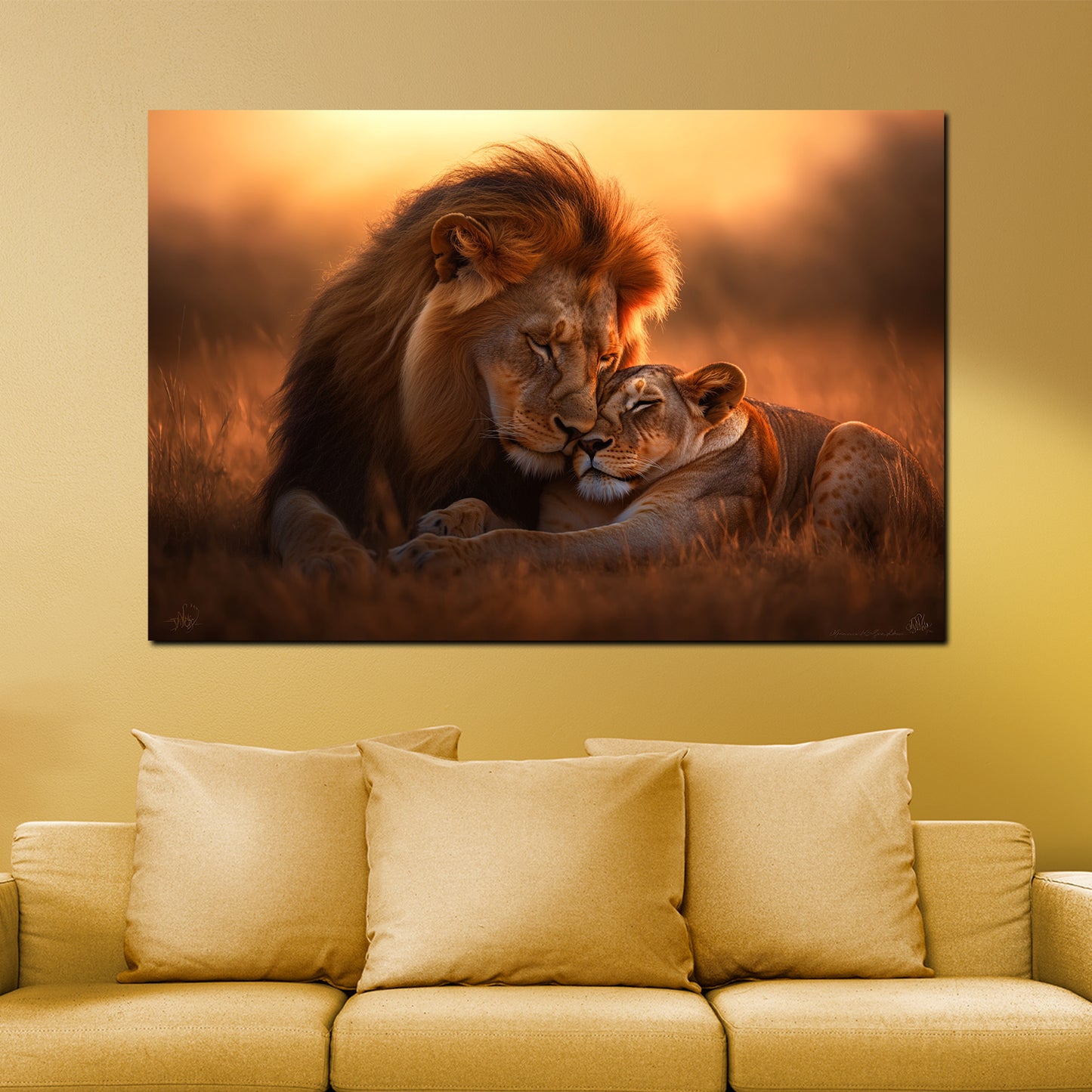 Coppia di leoni tramonto quadro
