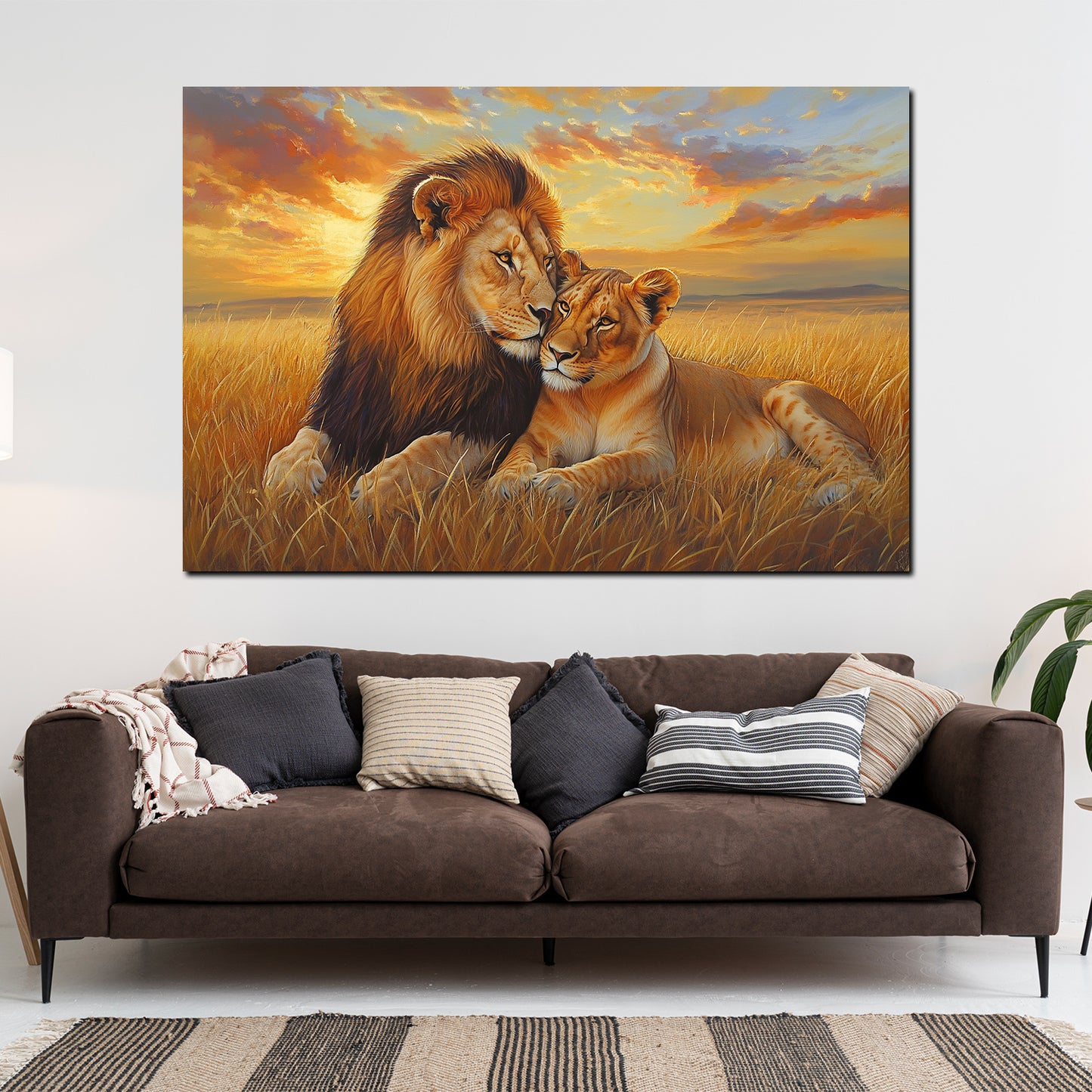 Coppia di leoni tramonto quadro