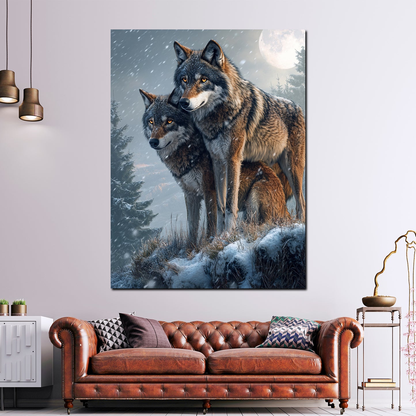 Coppia di lupi neve bosco e luna piena quadro