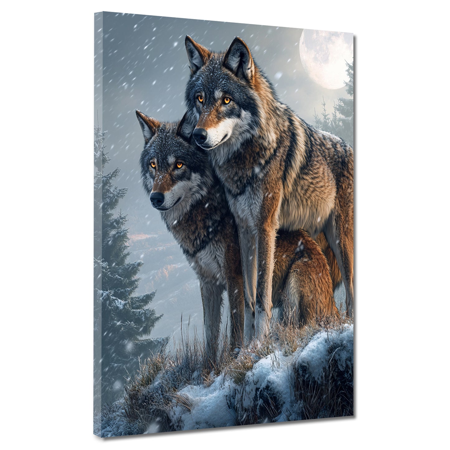 Coppia di lupi neve bosco e luna piena quadro