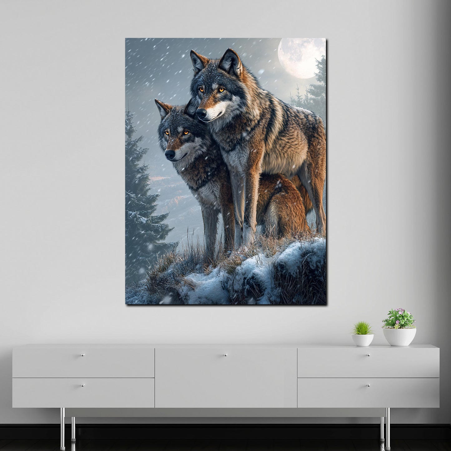 Coppia di lupi neve bosco e luna piena quadro