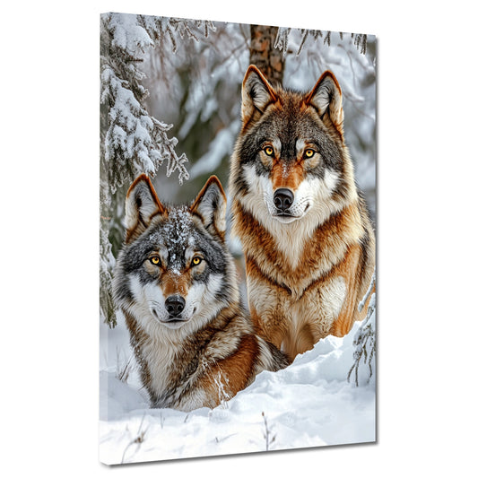 Due lupi nella neve tra gli alberi quadro