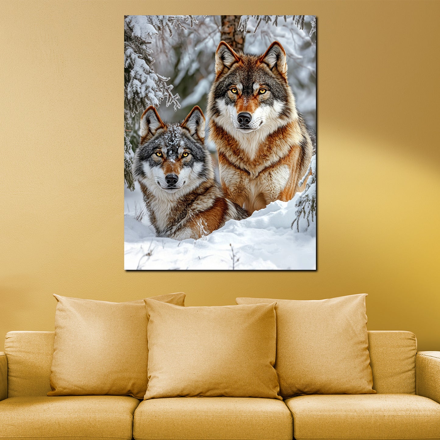 Due lupi nella neve tra gli alberi quadro