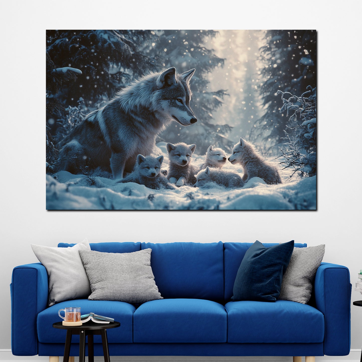 Famiglia di lupi cuccioli neve bosco quadro