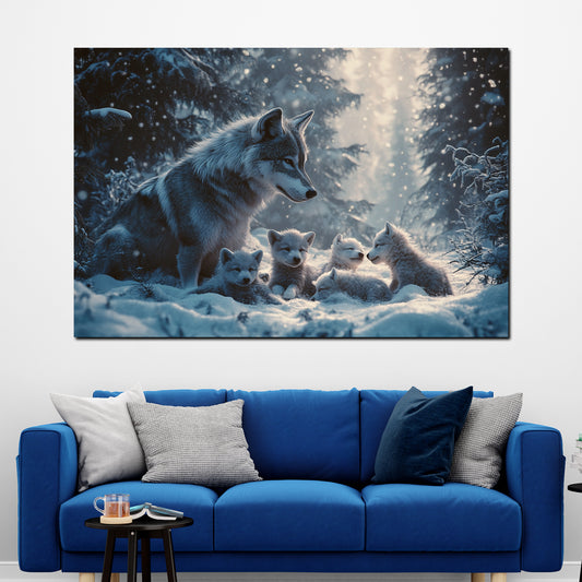Famiglia di lupi cuccioli neve bosco quadro