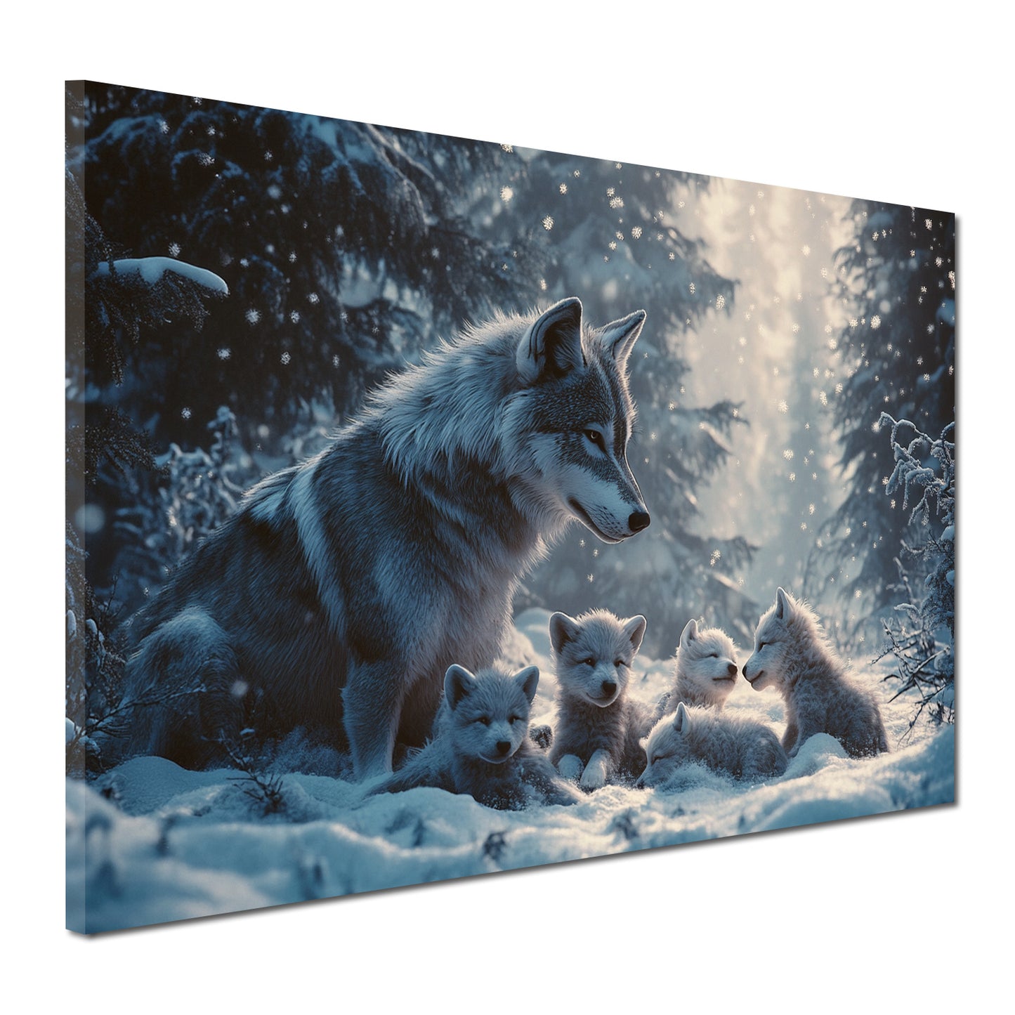 Famiglia di lupi cuccioli neve bosco quadro