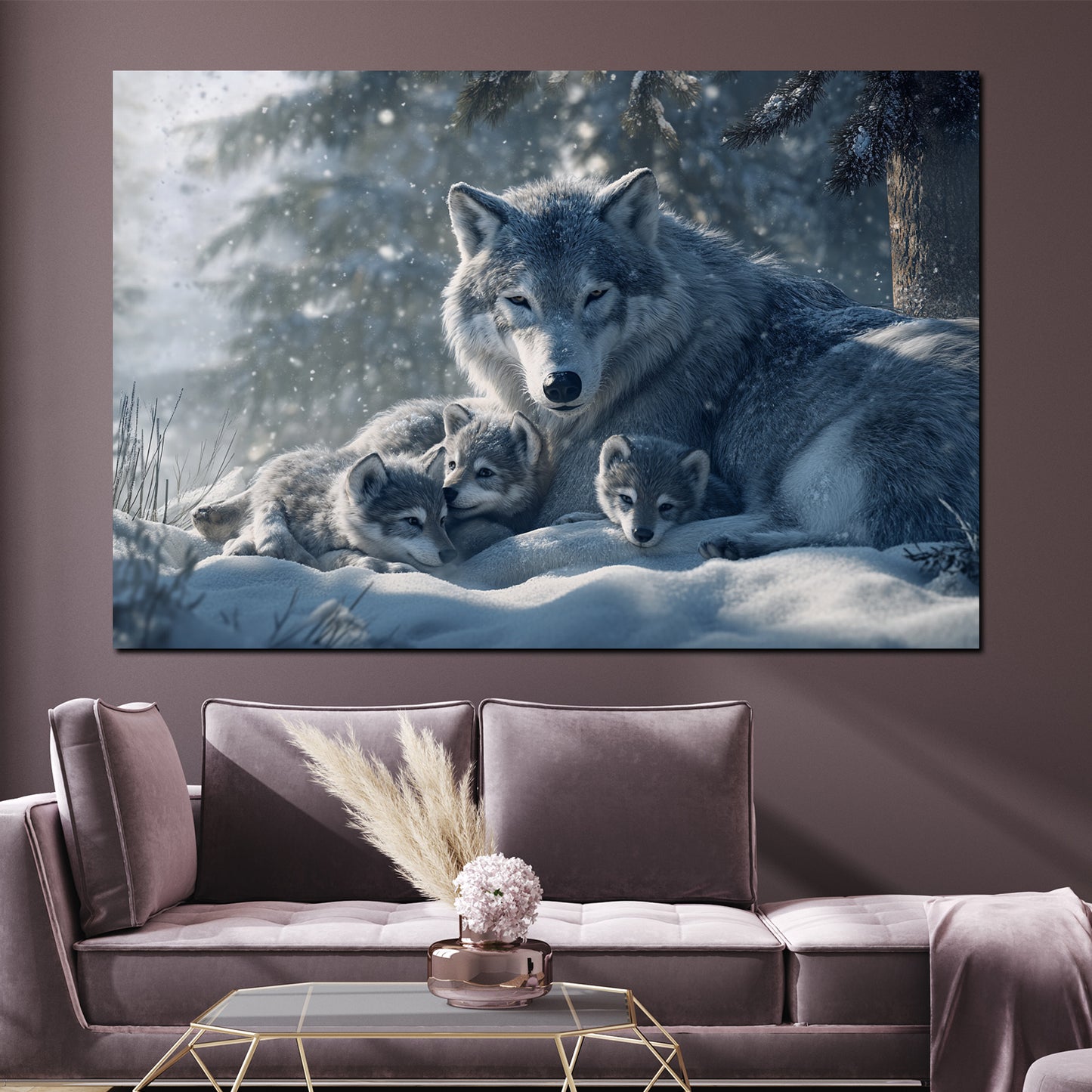 Famiglia di lupi cuccioli neve foresta quadro
