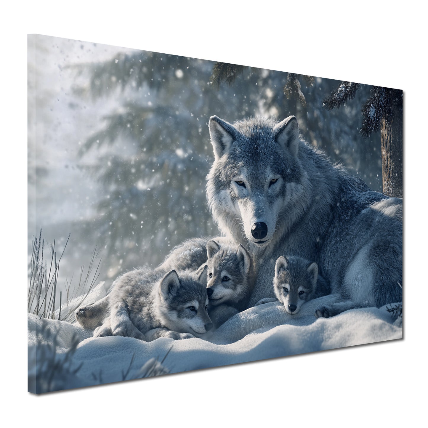 Famiglia di lupi cuccioli neve foresta quadro