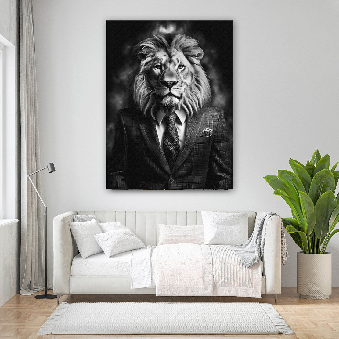 Leone con abito bianco e nero pop art quadro
