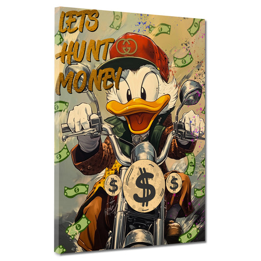 Quadro Comic Duck in moto sotto una pioggia di soldi