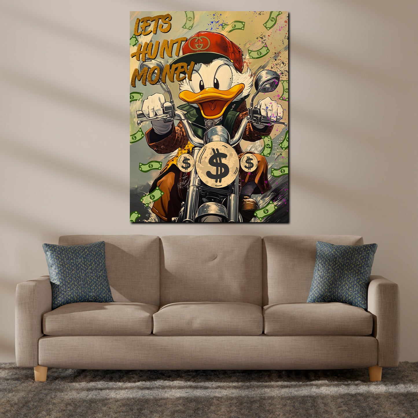 Quadro Comic Duck in moto sotto una pioggia di soldi