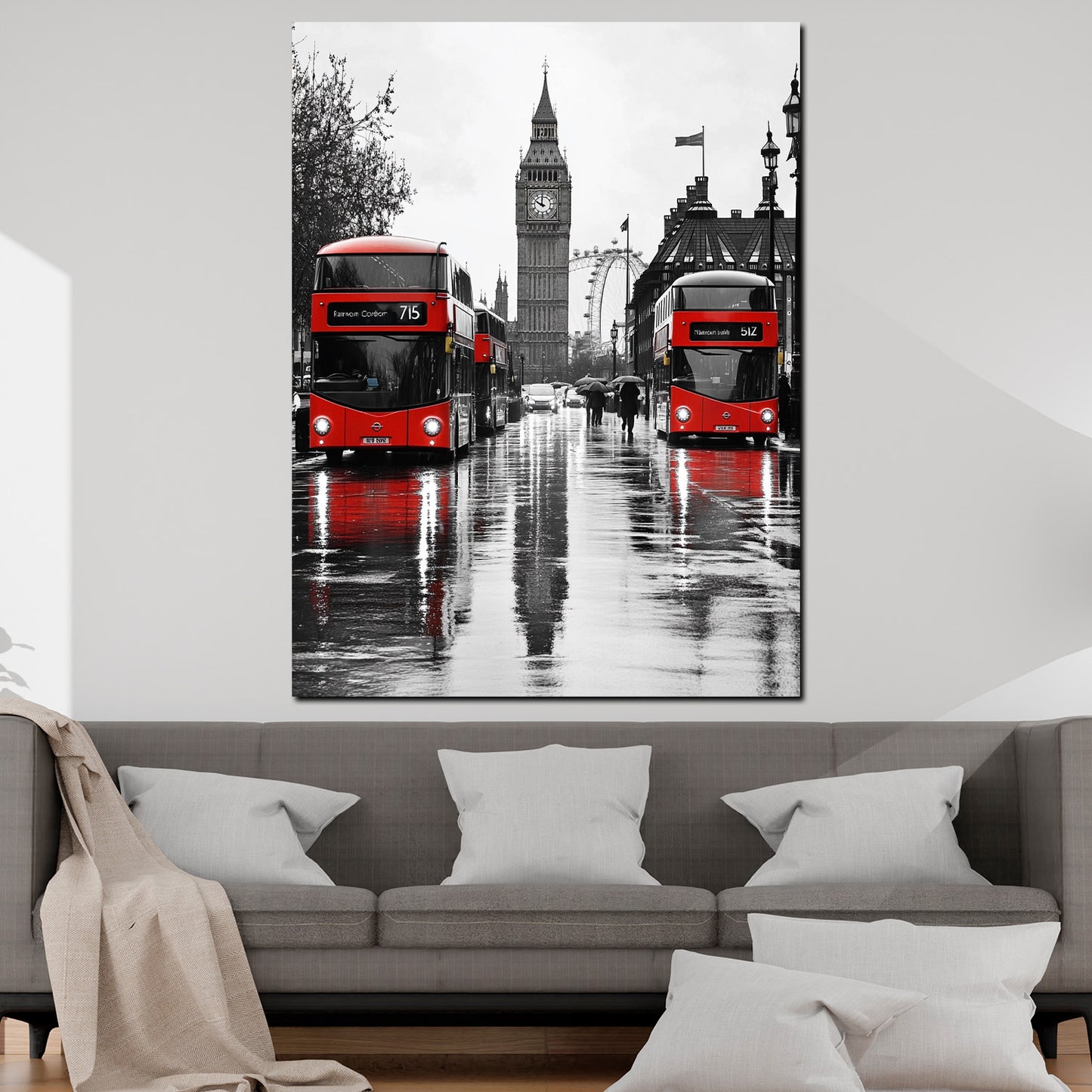 Quadro Londra Big Ben autobus rossi città riflessi pioggia