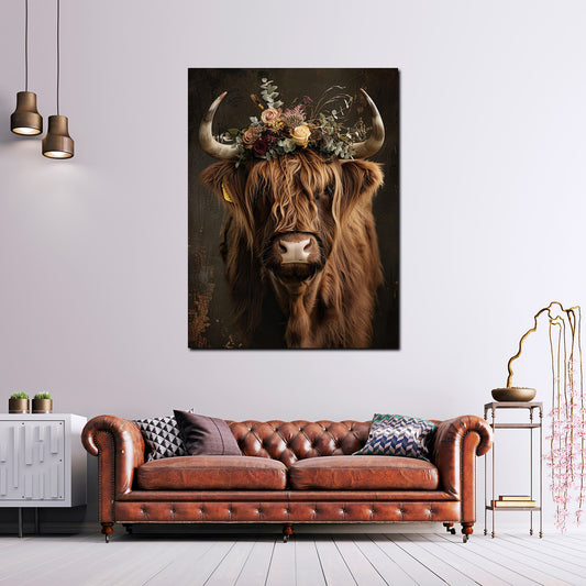 Quadro Mucca rustico con corona di fiori boho naturale