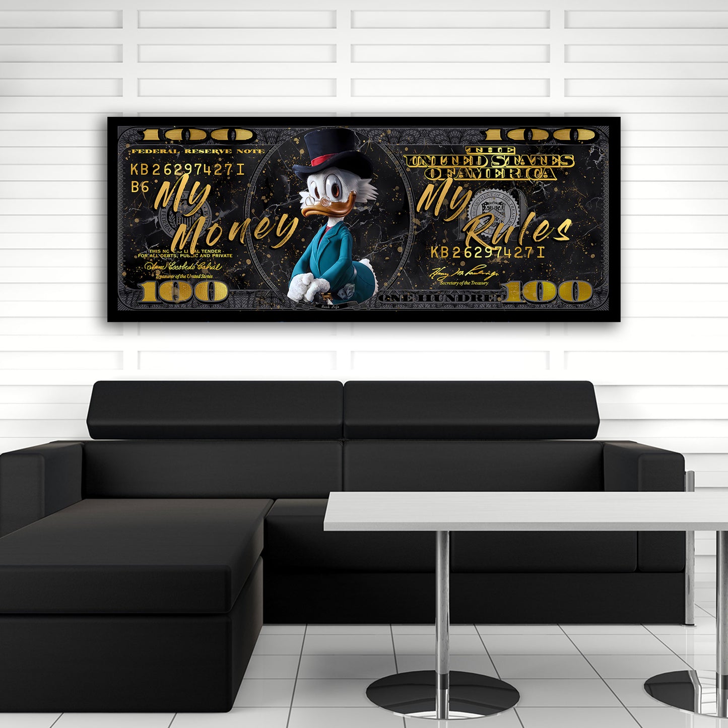 Quadro Pop Art Duck - My Money My Rules su Banconota da 100 Dollari