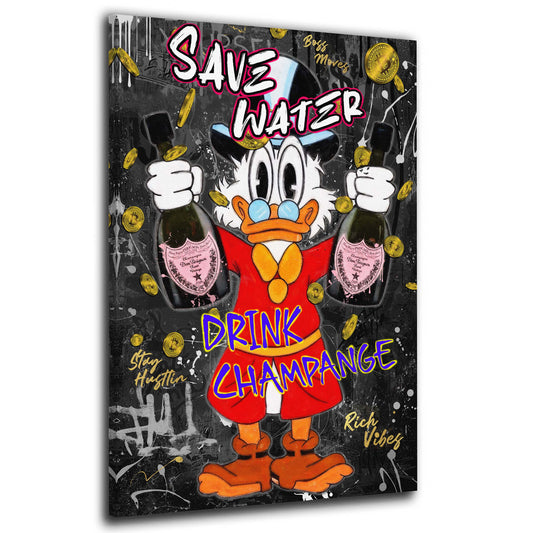 Quadro Pop Art papero Save Water champagne lusso successo