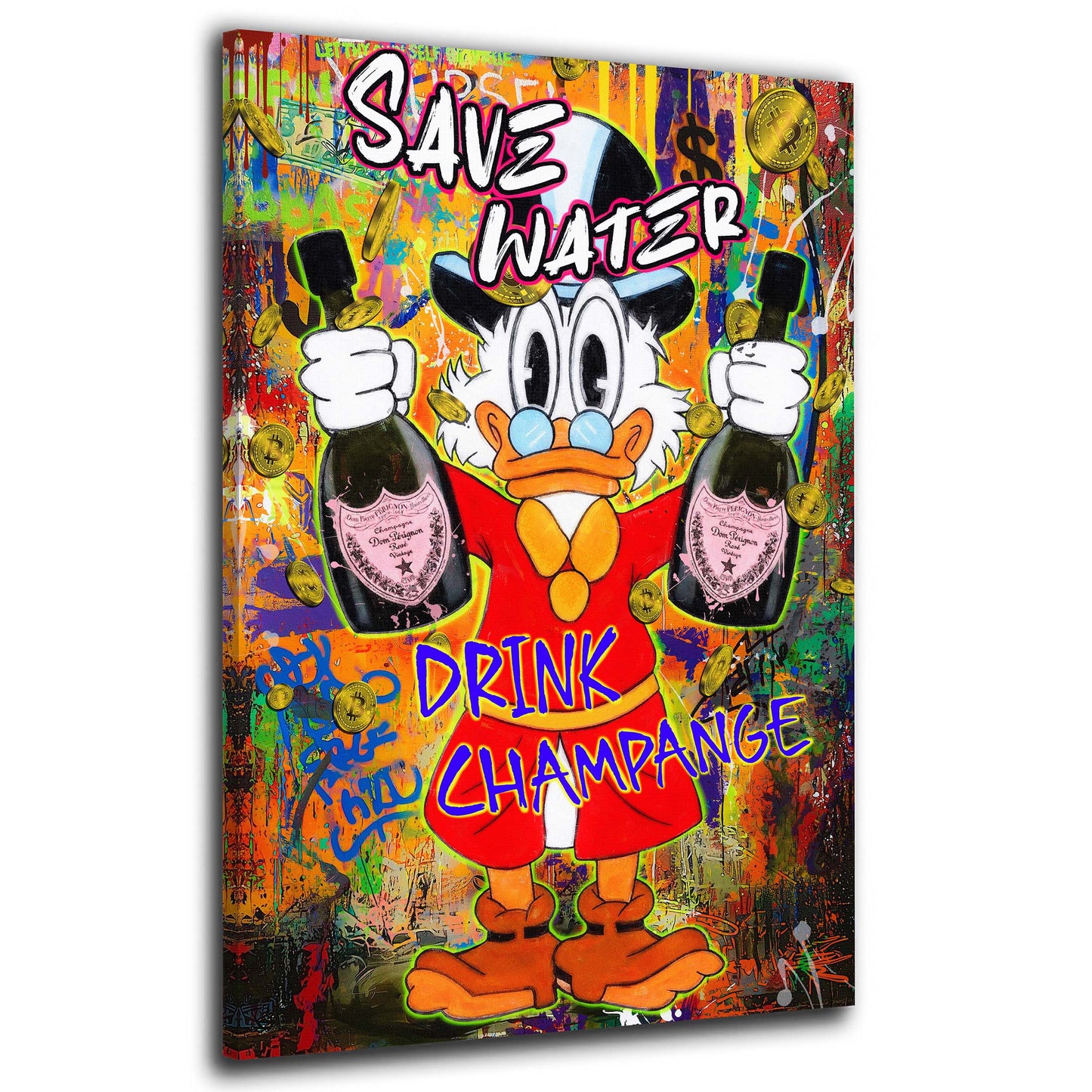 Quadro Pop Art papero Save Water Drink Champagne soldi successo