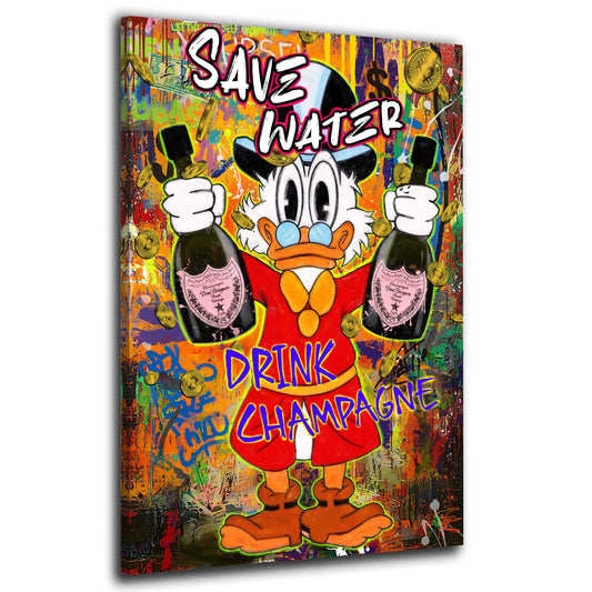 Quadro Pop Art papero Save Water Drink Champagne soldi successo