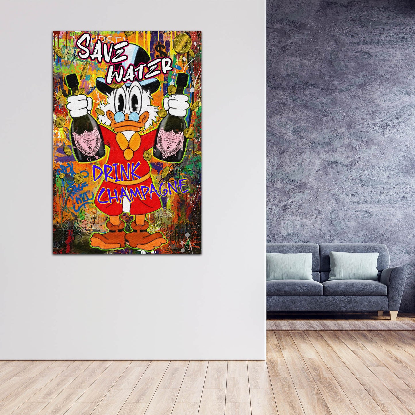 Quadro Pop Art papero Save Water Drink Champagne soldi successo