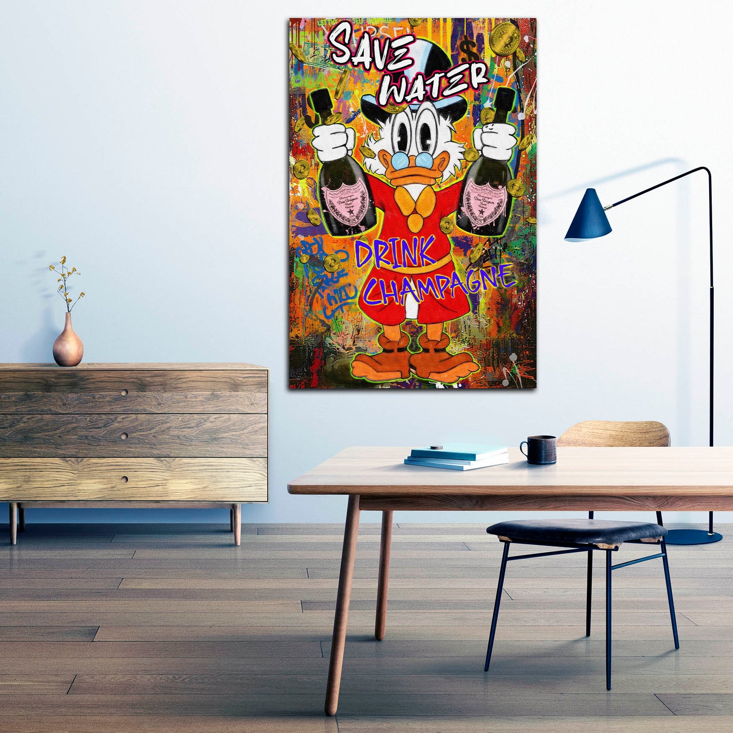 Quadro Pop Art papero Save Water Drink Champagne soldi successo