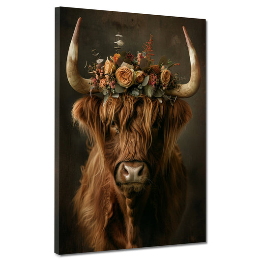 Quadro Vacca con corona di fiori stile boho naturale vintage