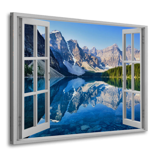 Quadro Vista dalla finestra su lago di montagna e panorama alpino