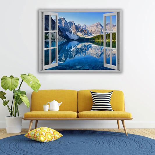 Quadro Vista dalla finestra su lago di montagna e panorama alpino