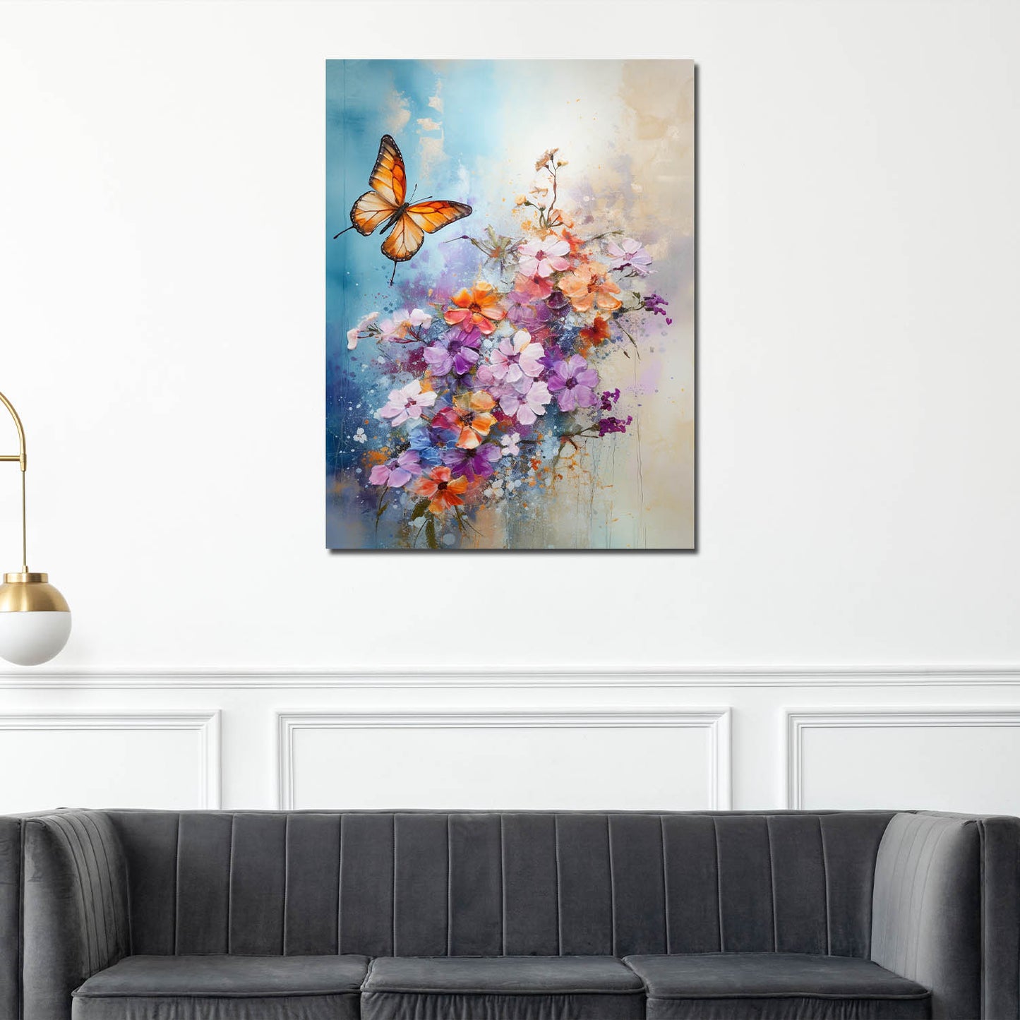 Quadro astratto fiori con farfalla