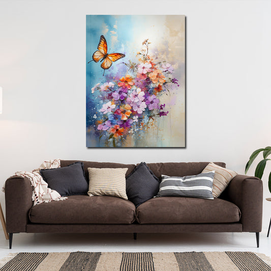 Quadro astratto fiori con farfalla