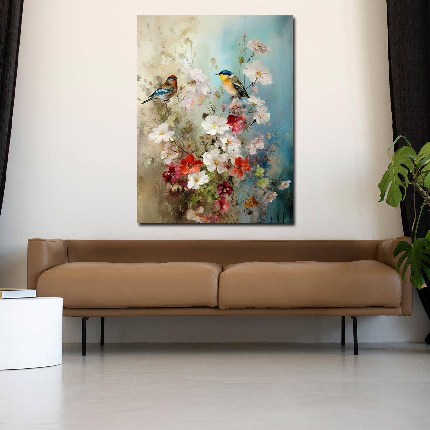 Quadro astratto fiori con uccelli