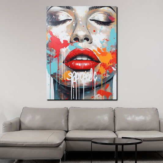 Quadro astratto viso bellissimo con labbra rosse