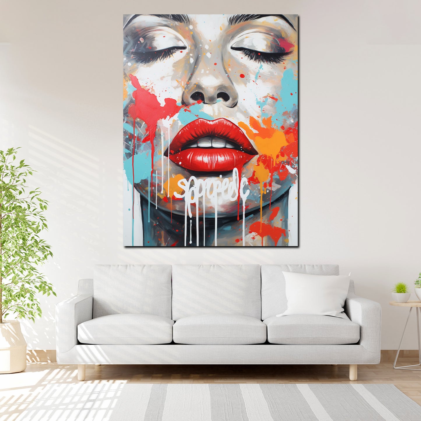 Quadro astratto viso bellissimo con labbra rosse