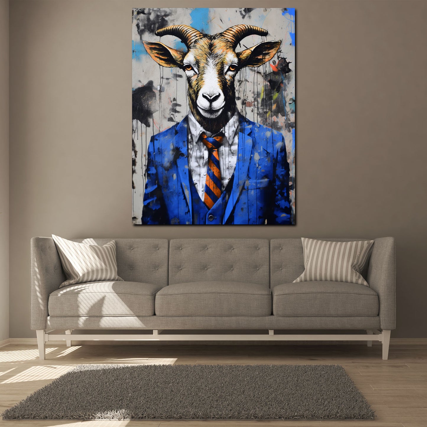 Quadro artwork capra astratta in abito blu color pop art