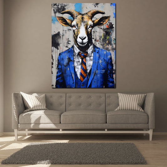 Quadro artwork capra astratta in abito blu color pop art
