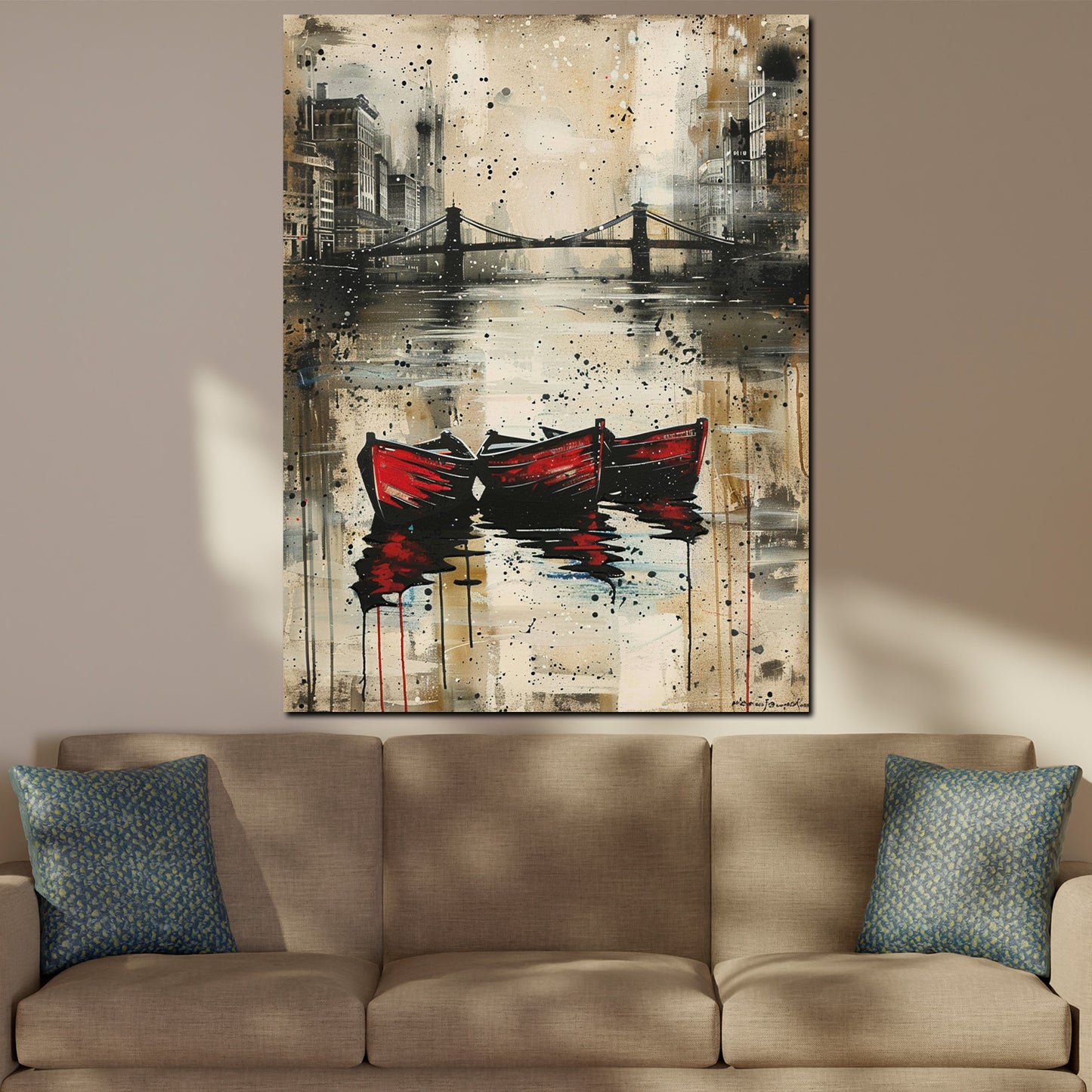 Quadro astratto barche sul fiume con città