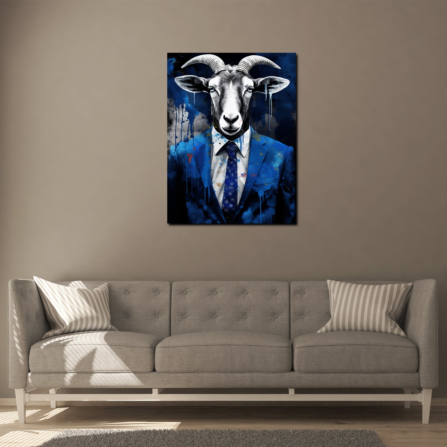 Quadro astratto capra in abito blu pop art