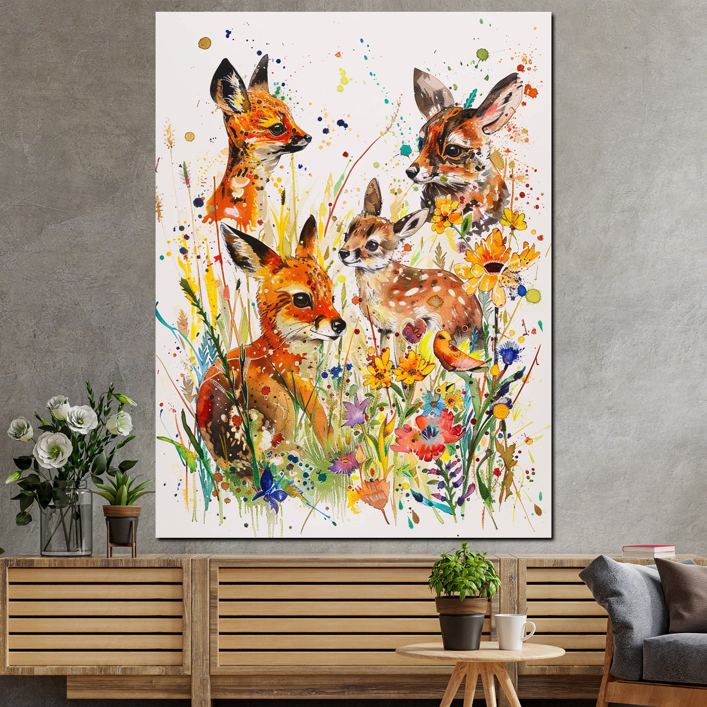 Quadro astratto cervi nel bosco colorato