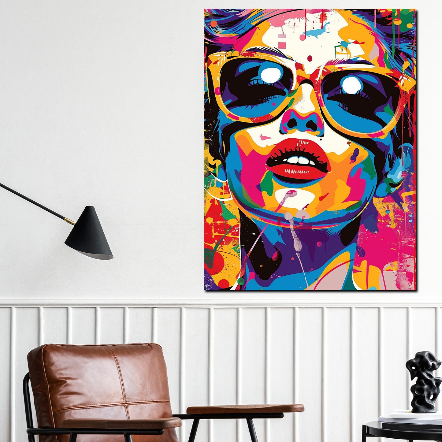 Quadro astratto donna colorata con occhiali da sole Pop Art moderno