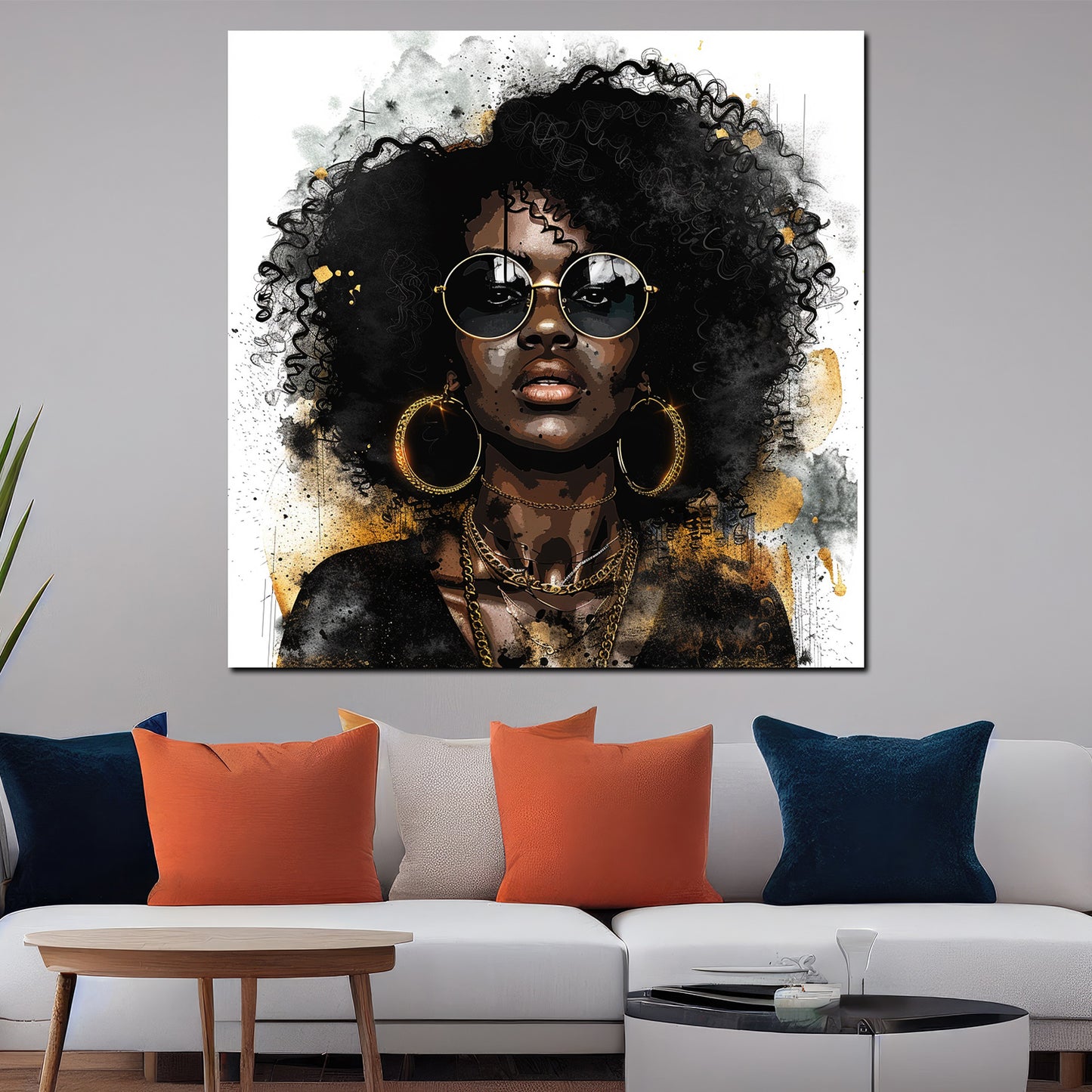 Quadro astratto donna con afro e occhiali da sole