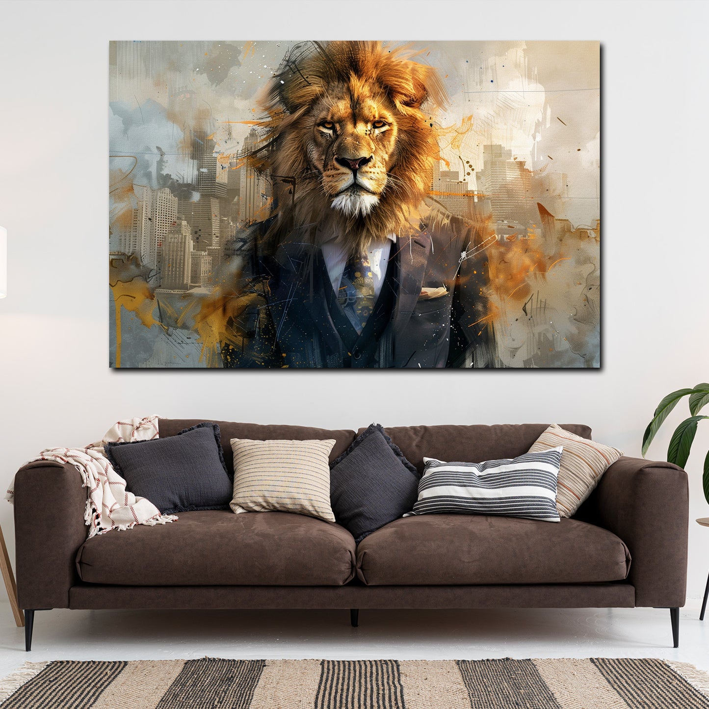 Quadro astratto leone in abito elegante urbano moderno