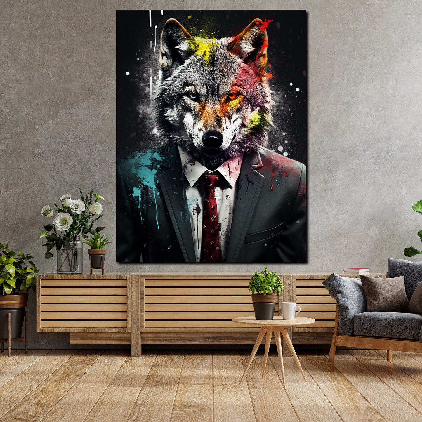 Quadro astratto lupo in abito, Splatter Black Style