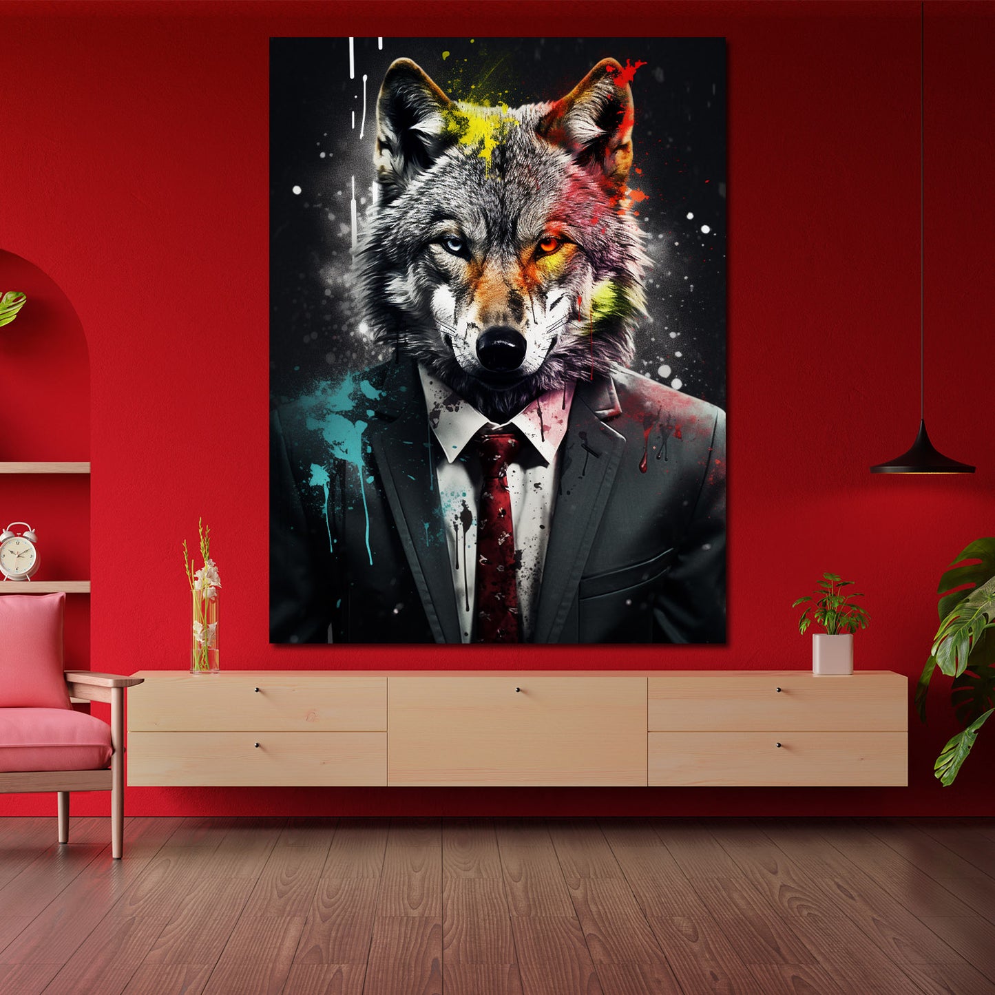Quadro astratto lupo in abito, Splatter Black Style