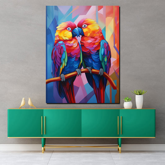Quadro astratto pappagalli colorati