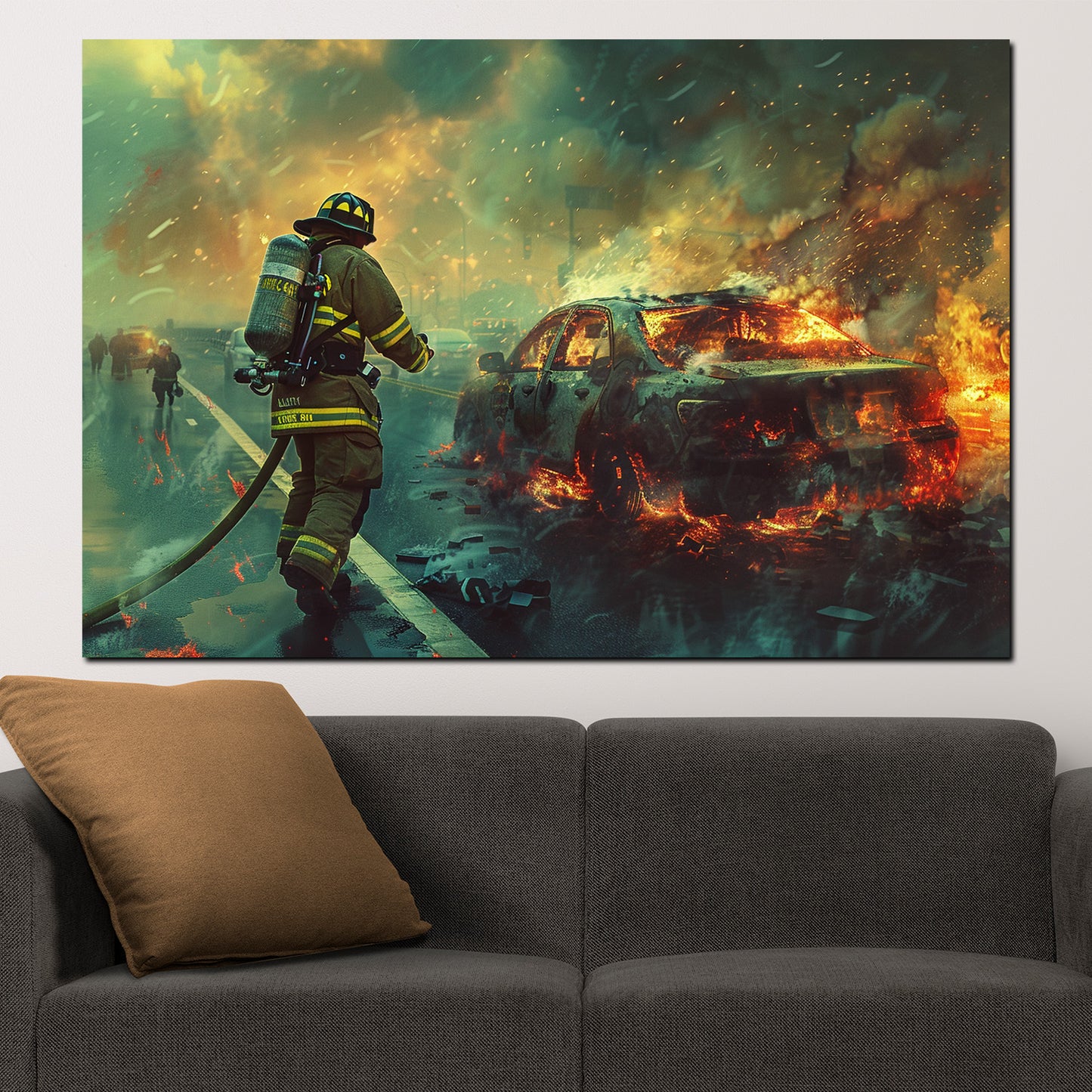 Quadro astratto vigile del fuoco in azione spegne auto in fiamme