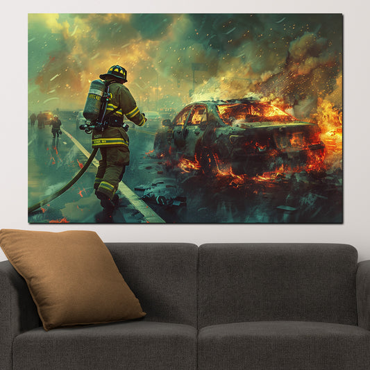 Quadro astratto vigile del fuoco in azione spegne auto in fiamme