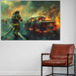 Quadro astratto vigile del fuoco in azione spegne auto in fiamme