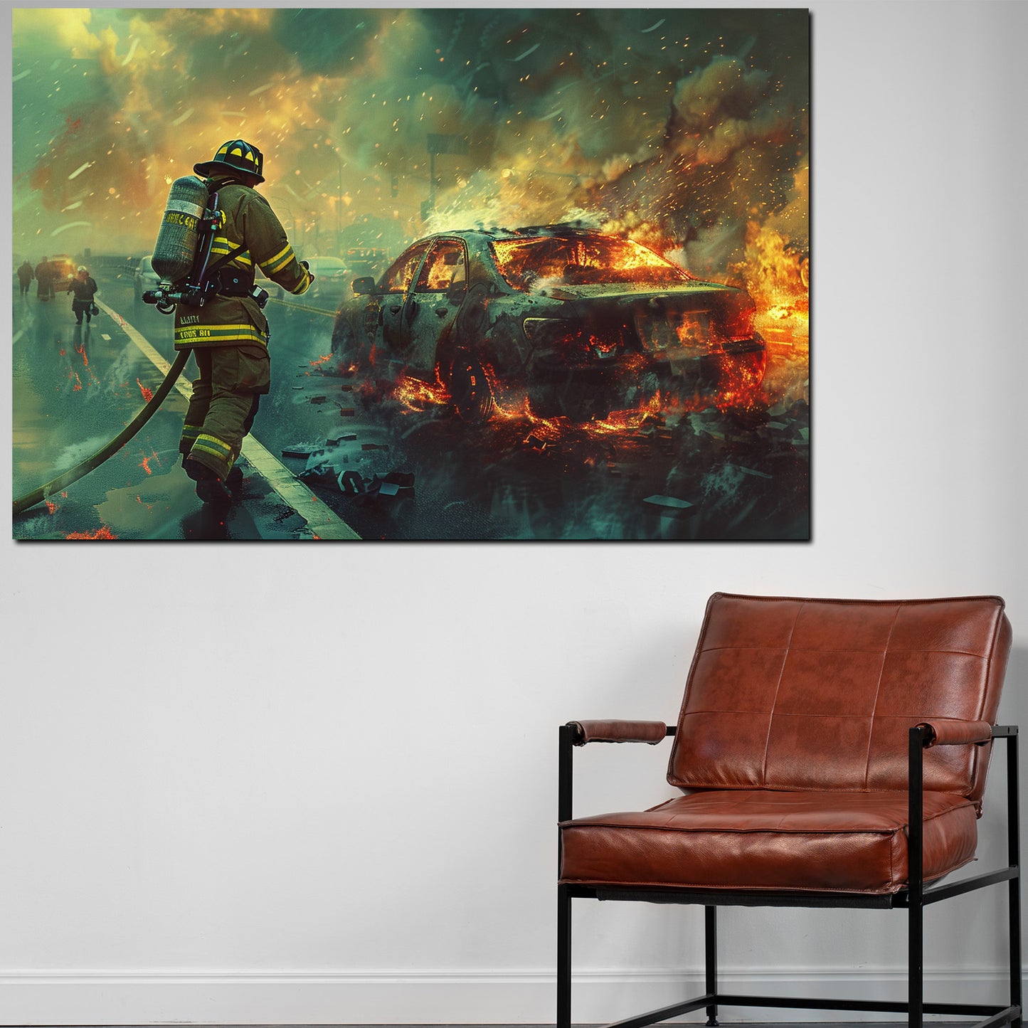 Quadro astratto vigile del fuoco in azione spegne auto in fiamme