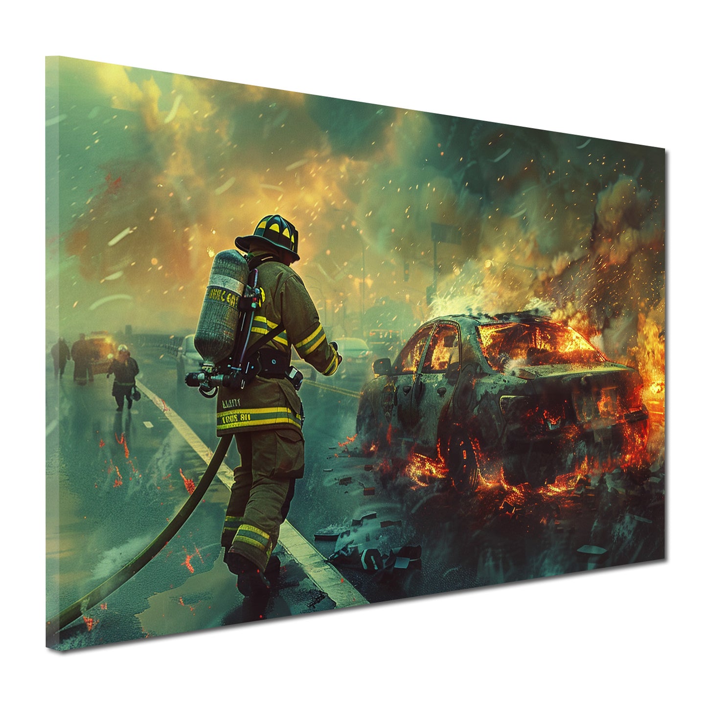 Quadro astratto vigile del fuoco in azione spegne auto in fiamme